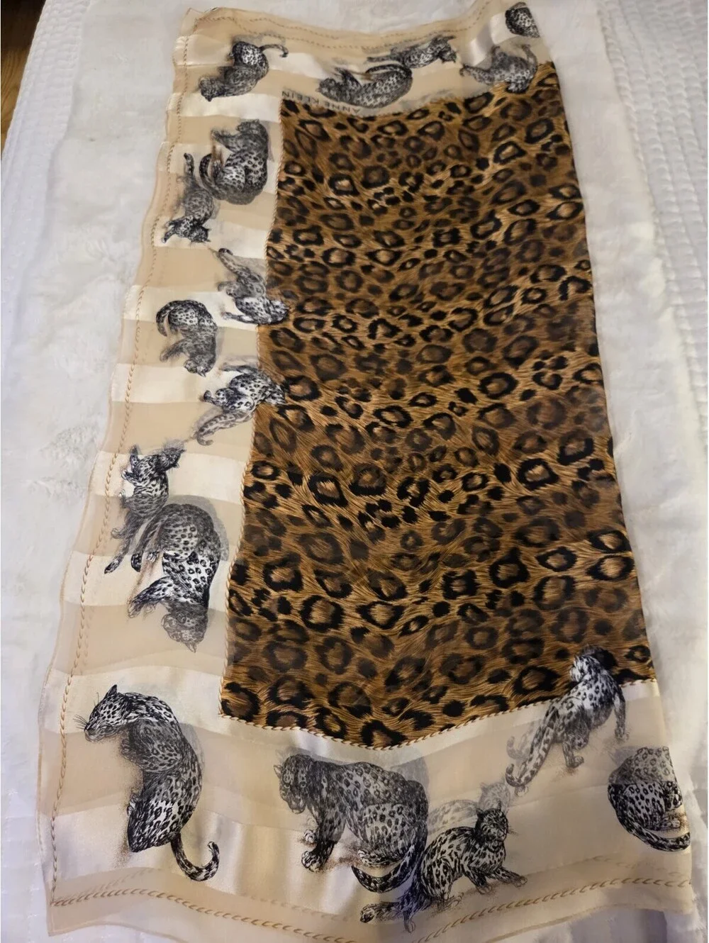 Anne Klein For Collection XIIX Brown Beige Leopard Animal Silk Scarf Vintage